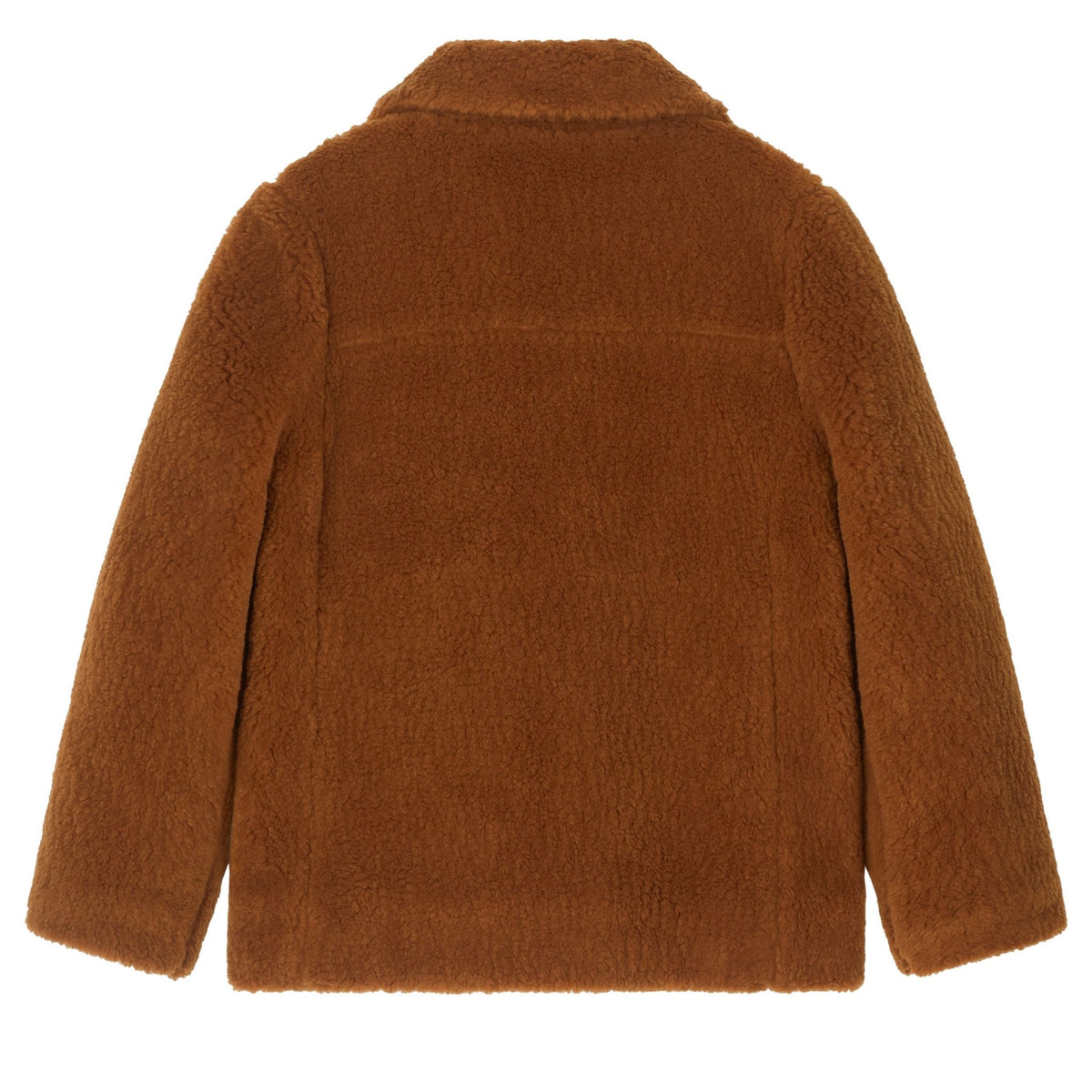 The Ethereal Fur Jacket with Soft Fleece Fabric is shown from the back in brown, featuring long sleeves, a flat collar, and a plush, textured look—perfect as a cozy winter layering piece.