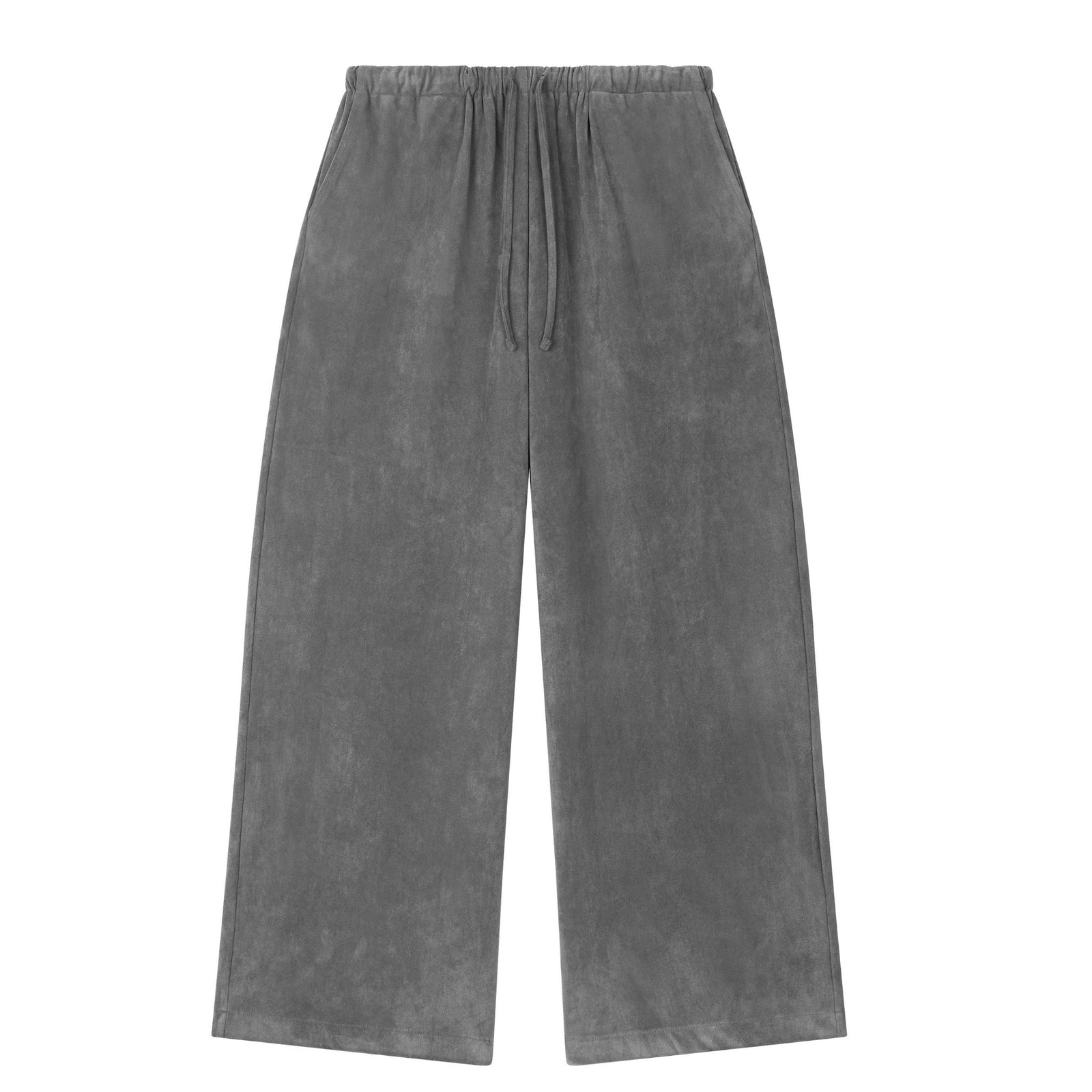 ODDPRESENT Velour Suede Pants with Elastic Waistband—wide-leg, high-waisted grey pants featuring a drawstring, shown laid flat on a white background.