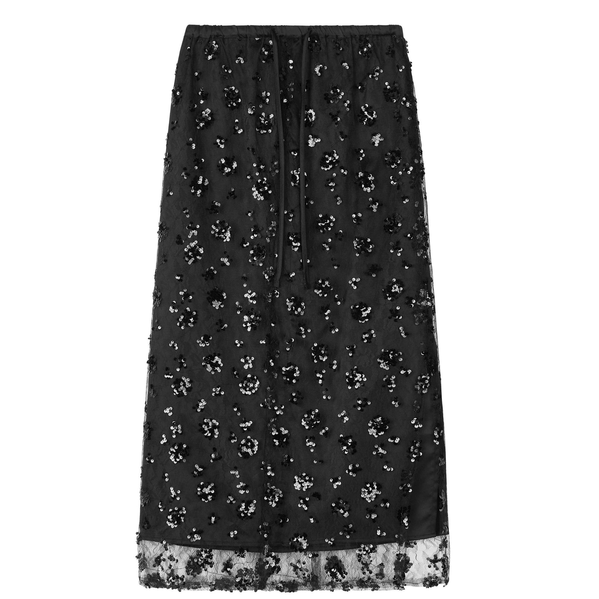 The ODDPRESENT Sequin Beaded Skirt with Floral Detailing features a black sheer overlay, intricate floral embellishments, and subtle sequins—ideal for evening events.