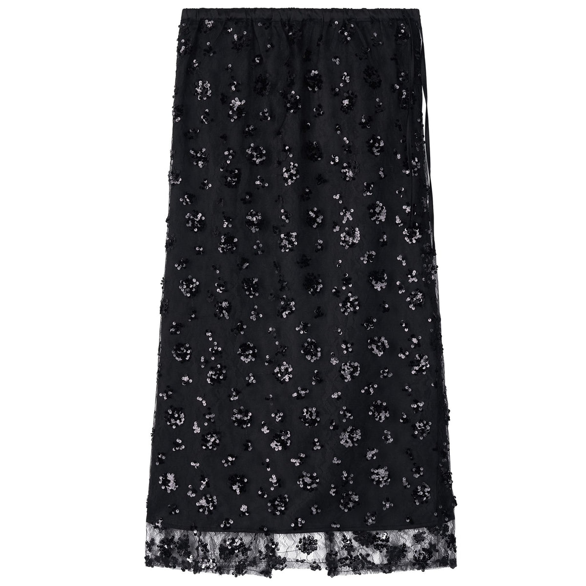The ODDPRESENT Sequin Beaded Skirt with Floral Detailing features black and silver sequins, a sheer lace hem, an adjustable waist strap, and a subtle floral pattern—ideal for elegant evening events.