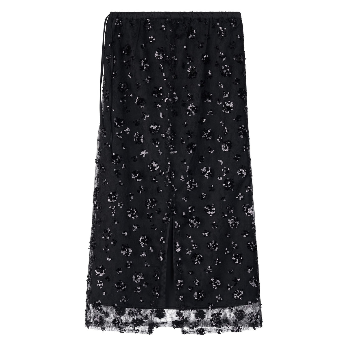 ODDPRESENT Sequin Beaded Skirt with Floral Detailing: a black midi straight-cut skirt featuring shiny floral patterns, lace-trimmed hem, subtle front slit, and adjustable drawstring waist—ideal for evening events.