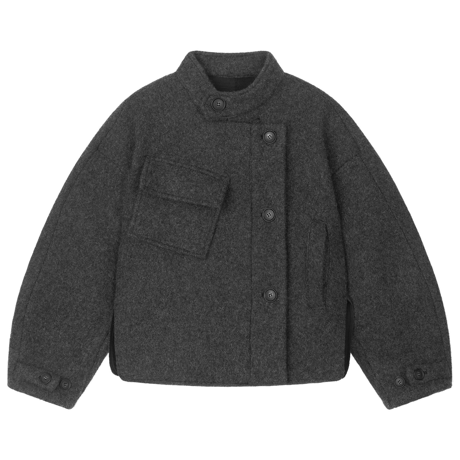 Dark gray jacket with two front pockets on a white background