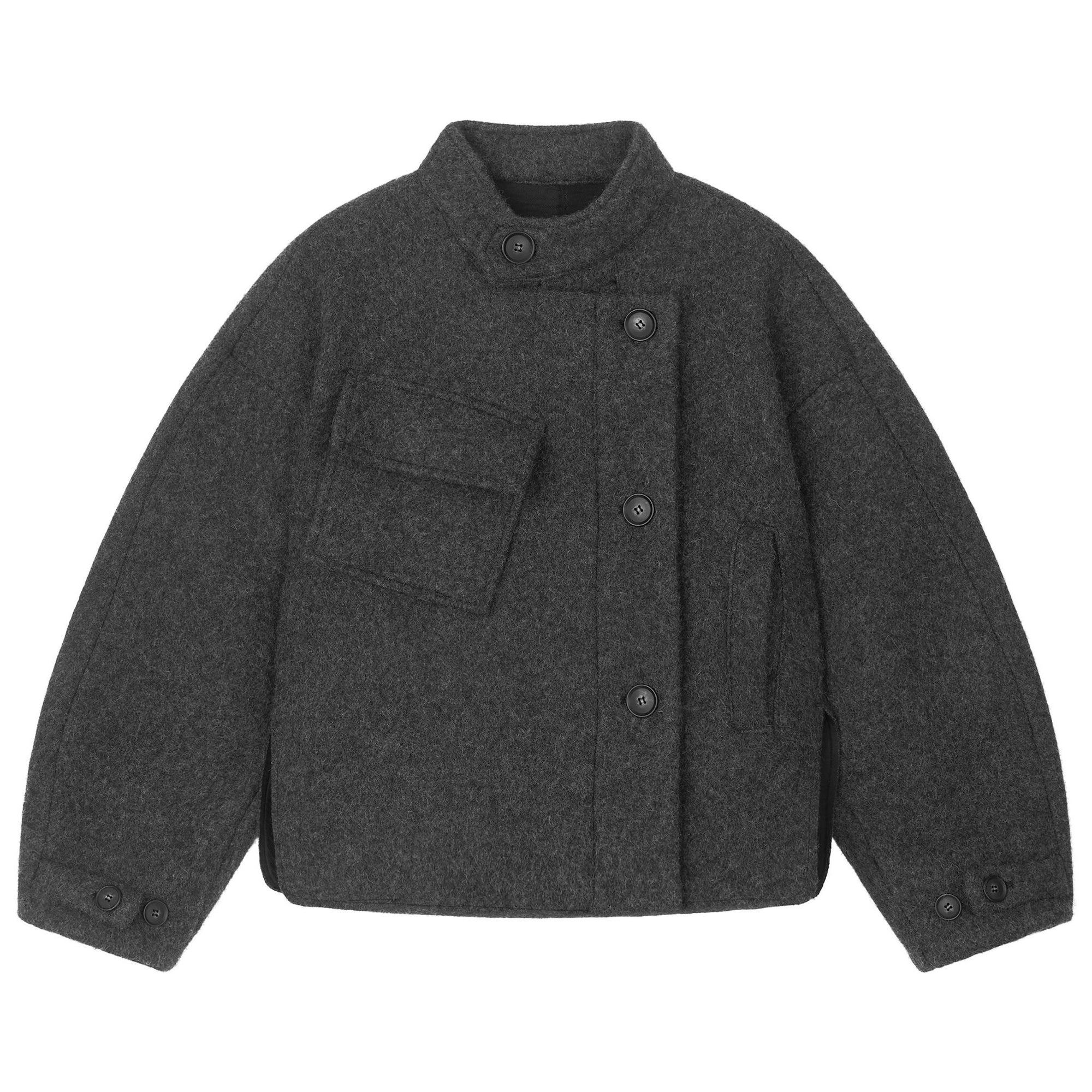 Dark gray jacket with two front pockets on a white background