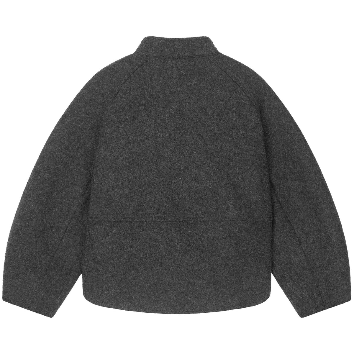 Back view of a gray jacket on a white background