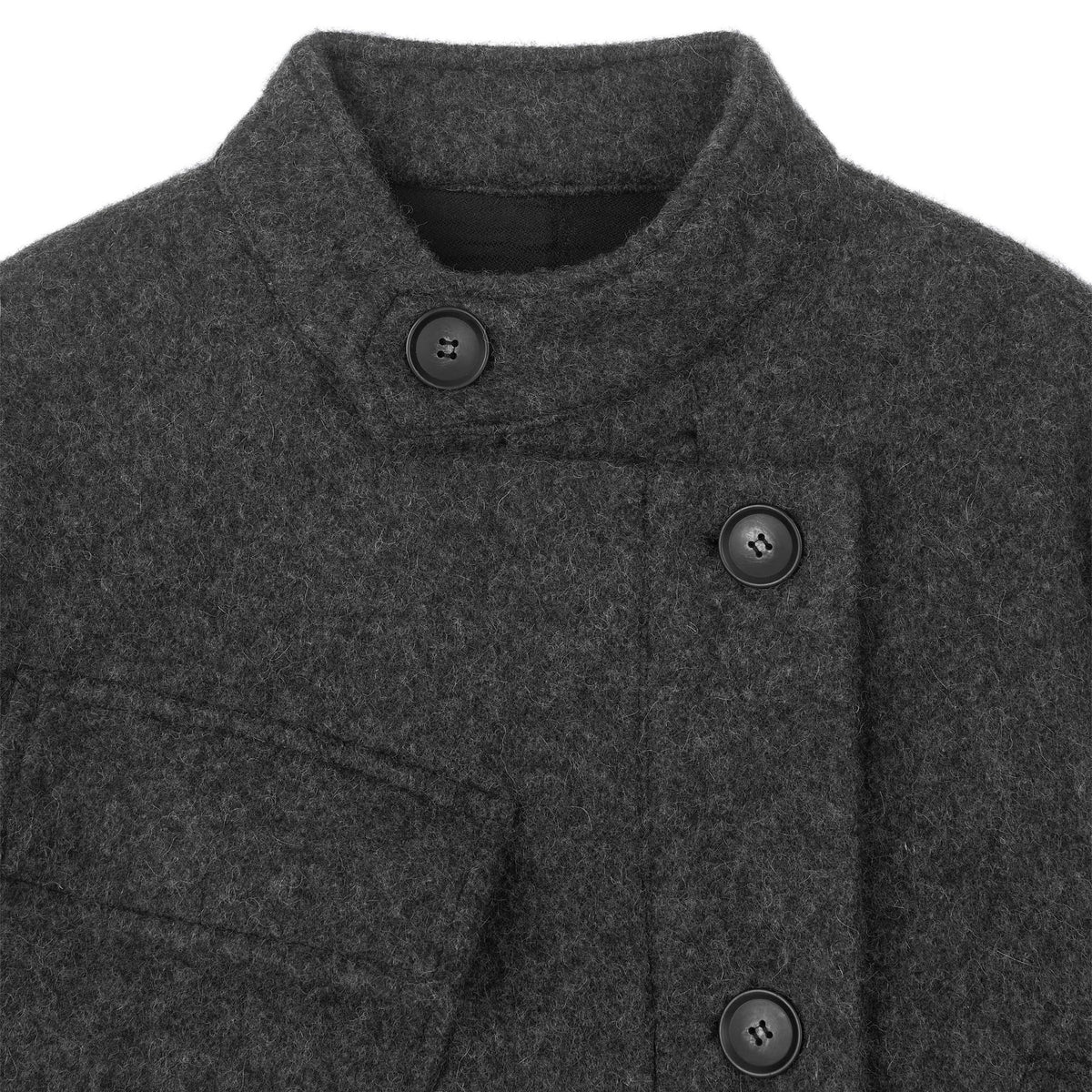 Close-up of a dark gray coat with buttons on a white background