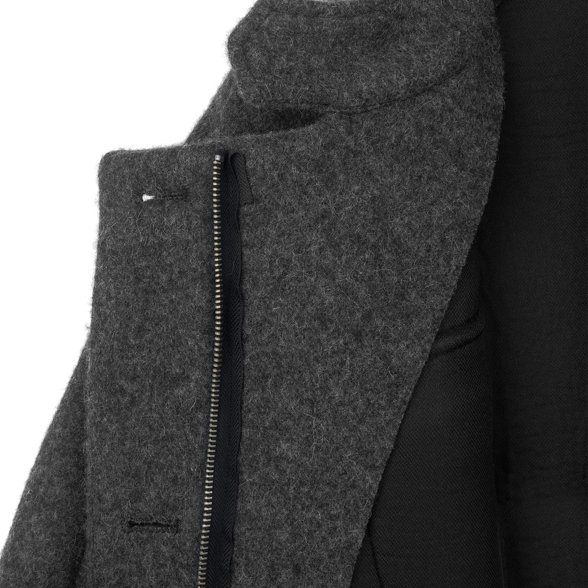 Close-up of a gray coat with a zipper on a white background