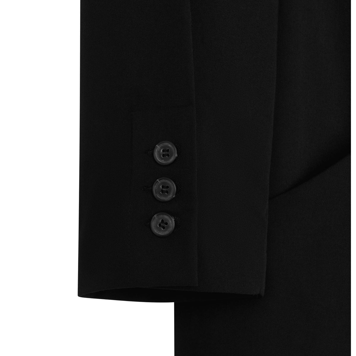 Close-up of a black suit jacket with buttons on a white background
