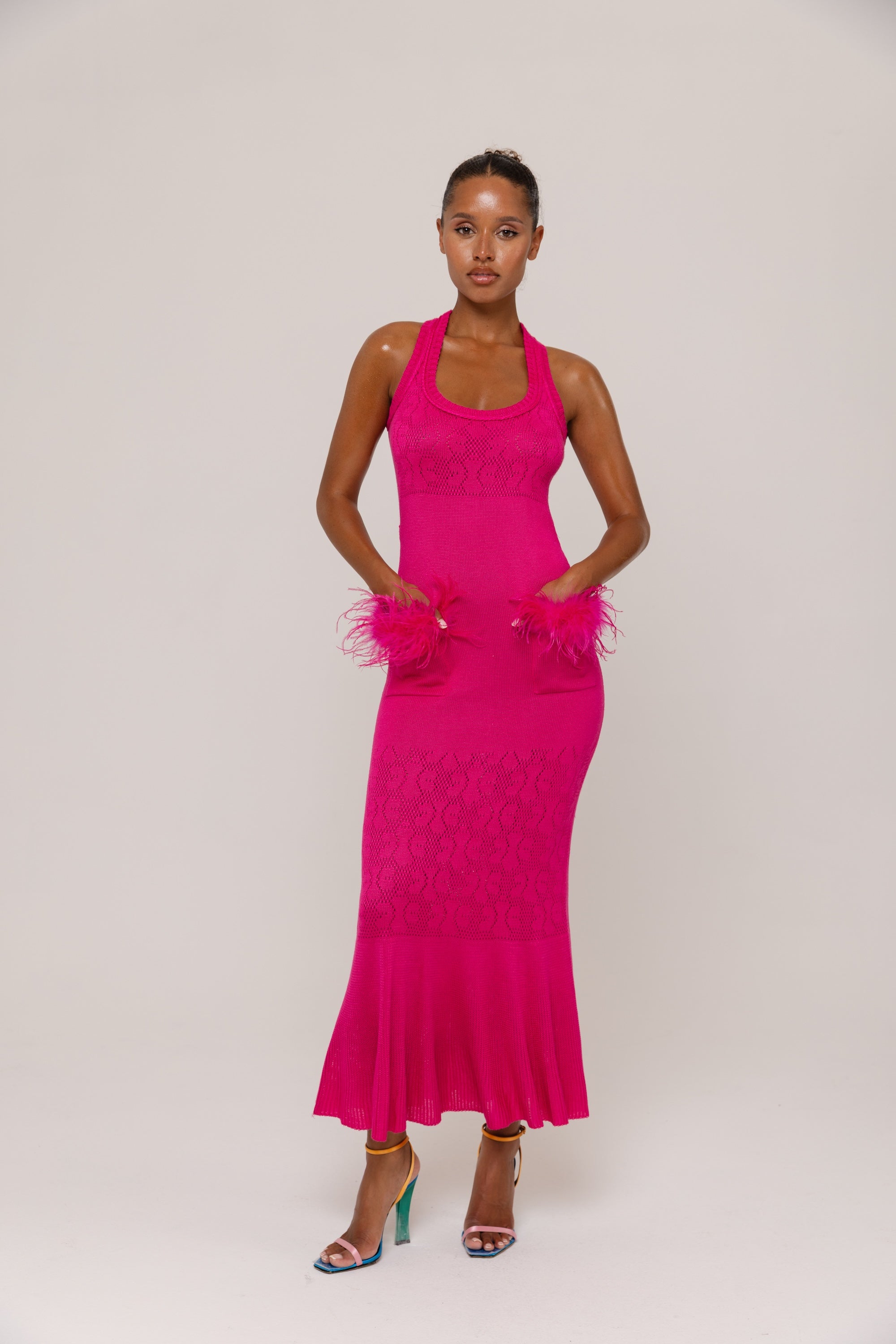 midi fuchsia cocktail dress Lady Black Tie - Soleil Fuchsia Halter Midi Dress