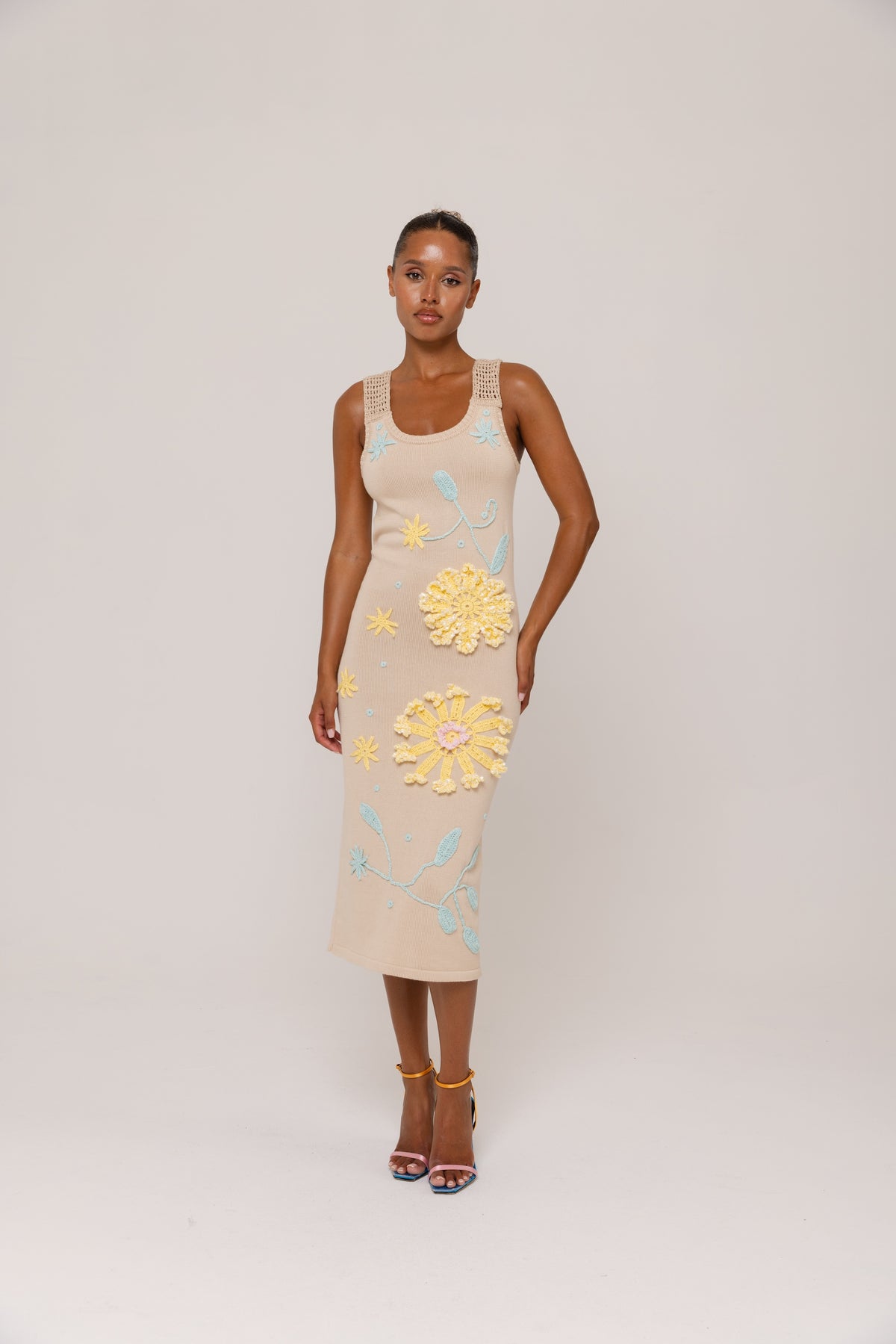 Beige Knit Midi Dress with Yellow &amp; Blue Floral Embroidery