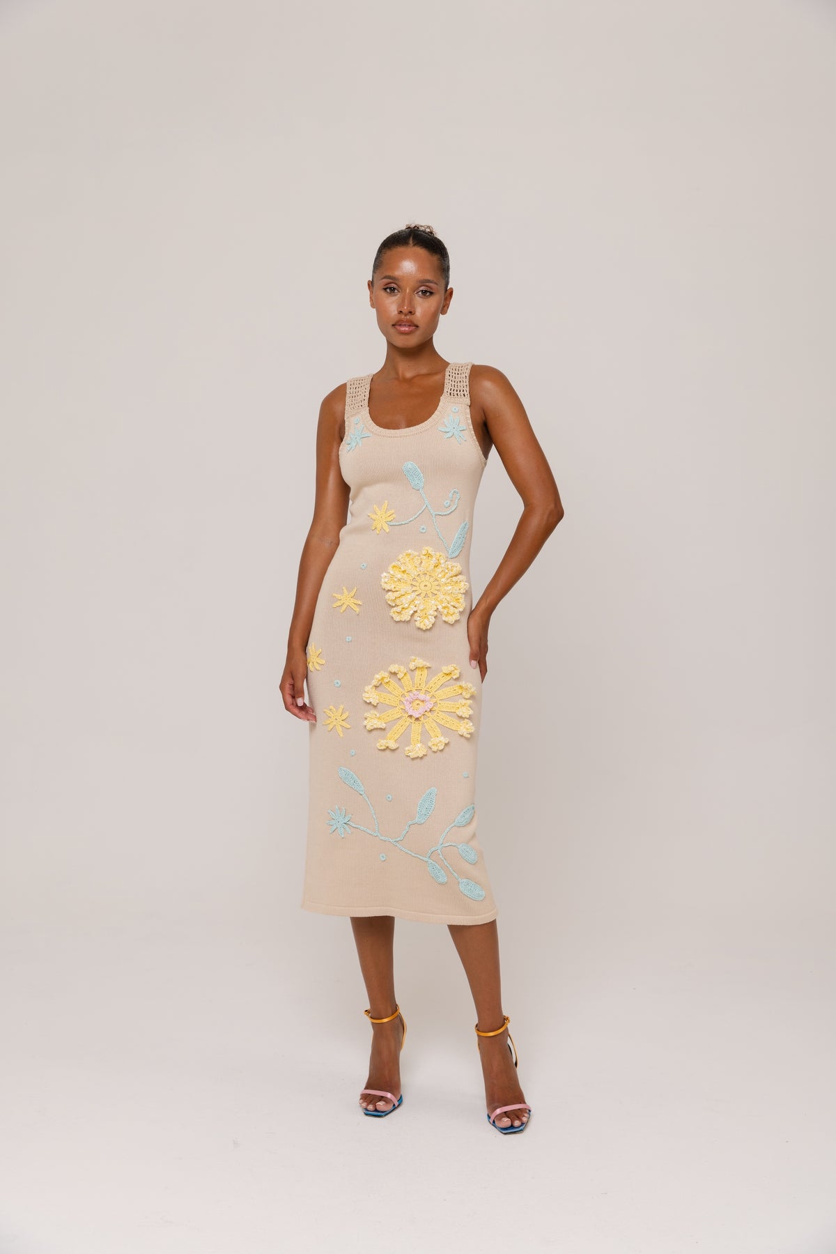 Beige Knit Midi Dress with Yellow &amp; Blue Floral Embroidery