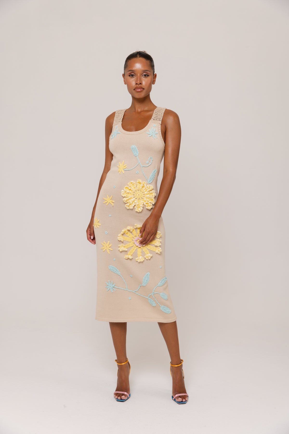 Beige Knit Midi Dress with Yellow &amp; Blue Floral Embroidery
