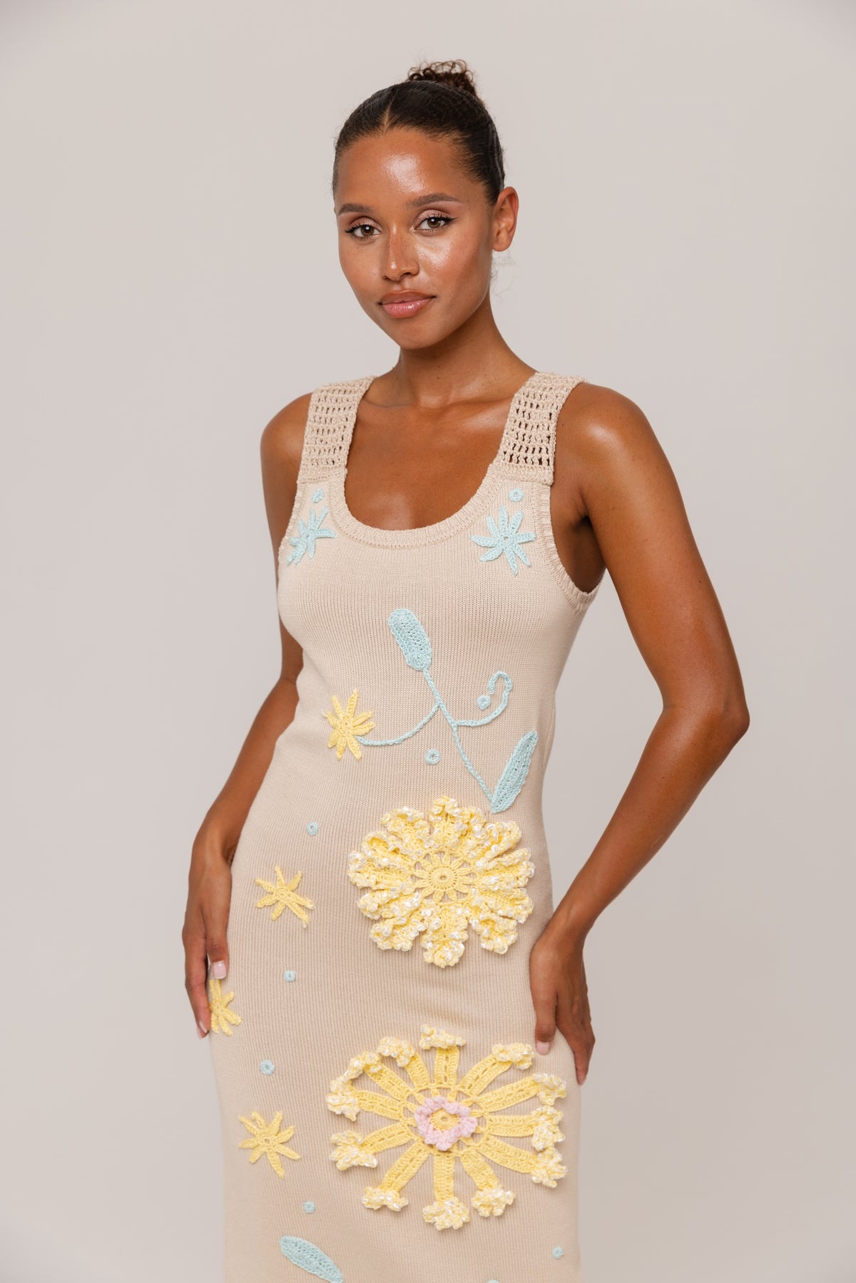Beige Knit Midi Dress with Yellow &amp; Blue Floral Embroidery