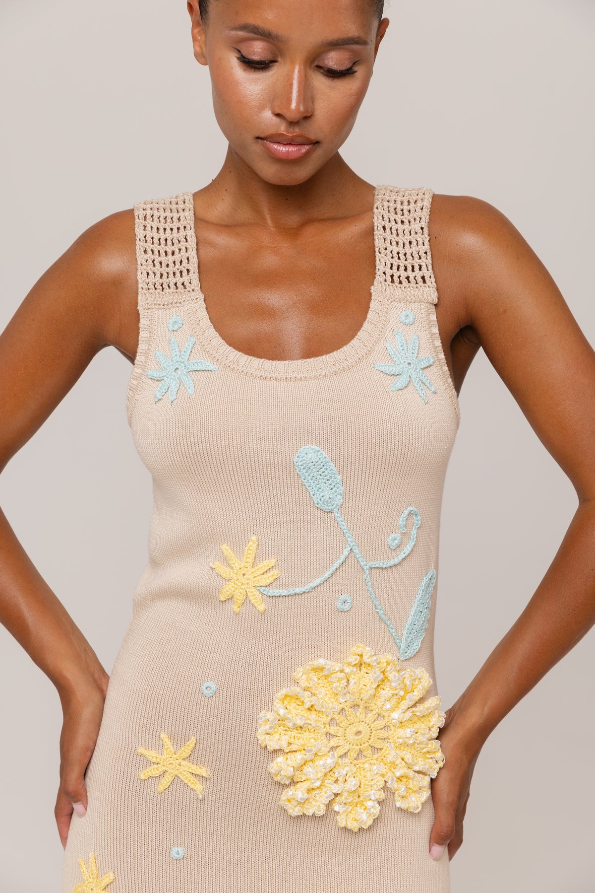 Beige Knit Midi Dress with Yellow &amp; Blue Floral Embroidery