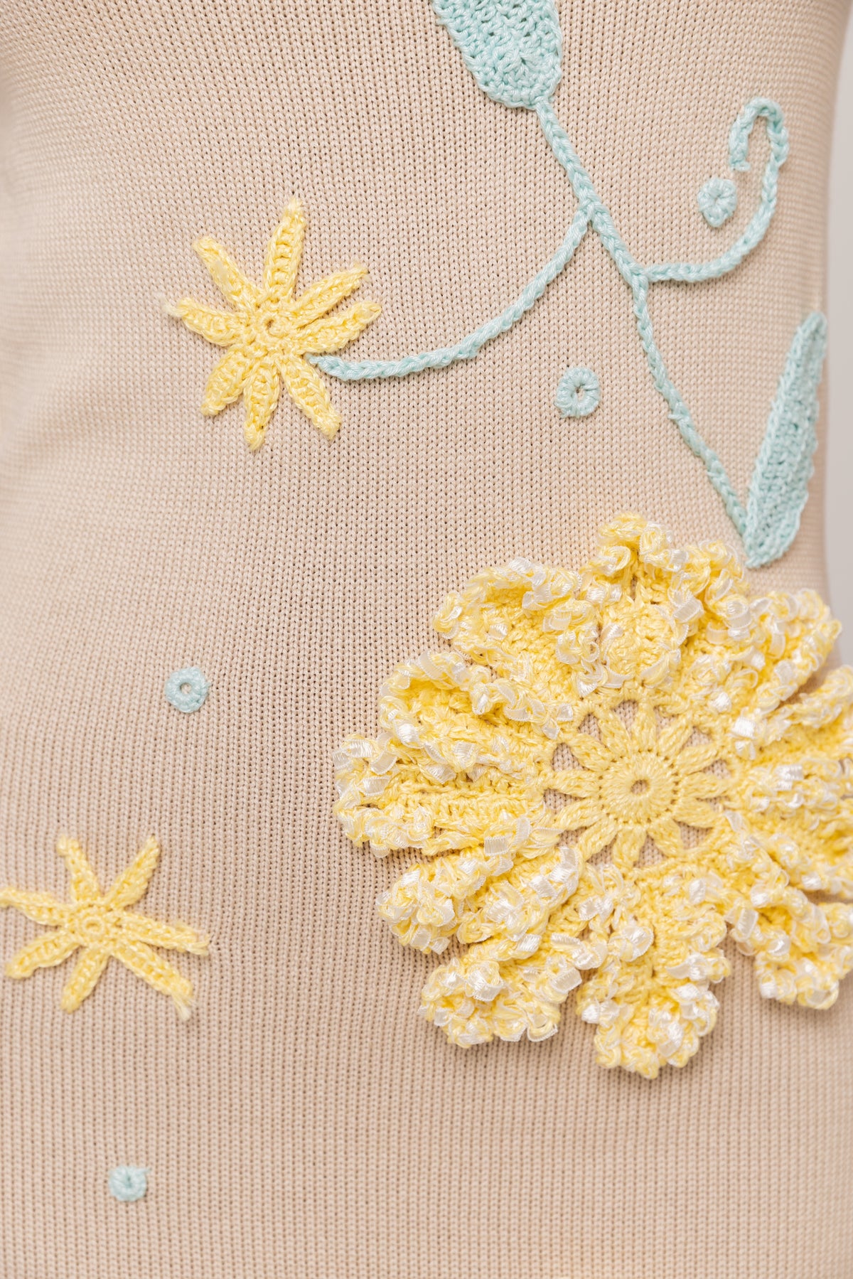 Beige Knit Midi Dress with Yellow &amp; Blue Floral Embroidery