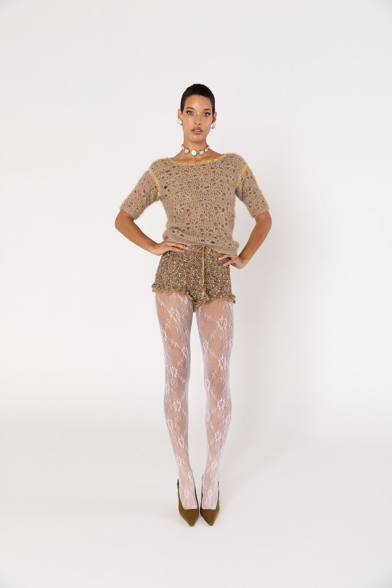ANDREEVA - Chrysanthemum Handmade Knit Glitter Top in Brown, buy at DOORS NYC