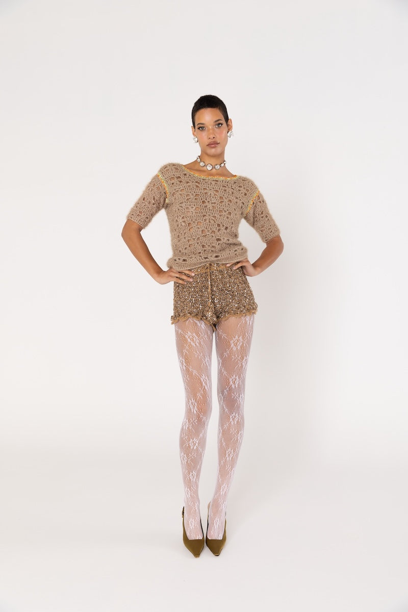 ANDREEVA - Chrysanthemum Handmade Knit Glitter Top in Brown, buy at DOORS NYC