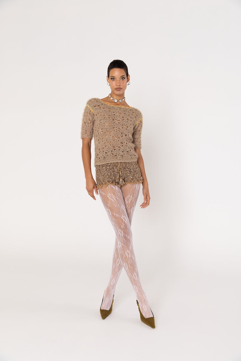 ANDREEVA - Chrysanthemum Handmade Knit Glitter Top in Brown, buy at DOORS NYC