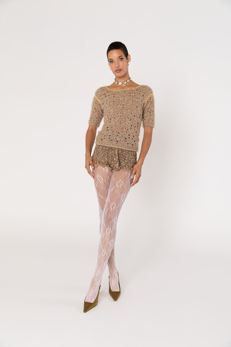 ANDREEVA - Chrysanthemum Handmade Knit Glitter Top in Brown, buy at DOORS NYC