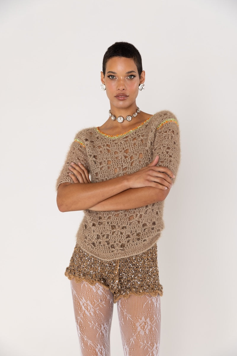 ANDREEVA - Chrysanthemum Handmade Knit Glitter Top in Brown, buy at DOORS NYC