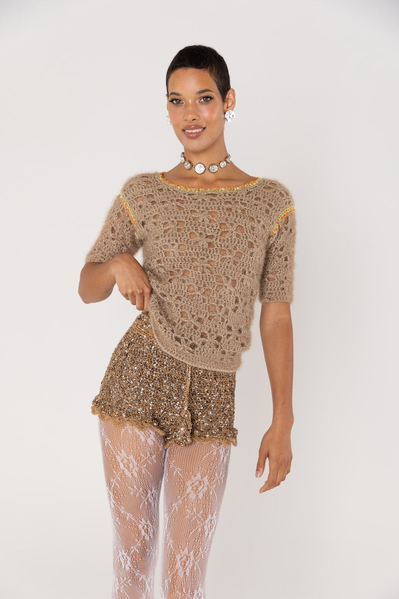 ANDREEVA - Chrysanthemum Handmade Knit Glitter Top in Brown, buy at DOORS NYC