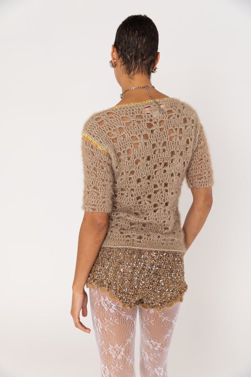 ANDREEVA - Chrysanthemum Handmade Knit Glitter Top in Brown, buy at DOORS NYC