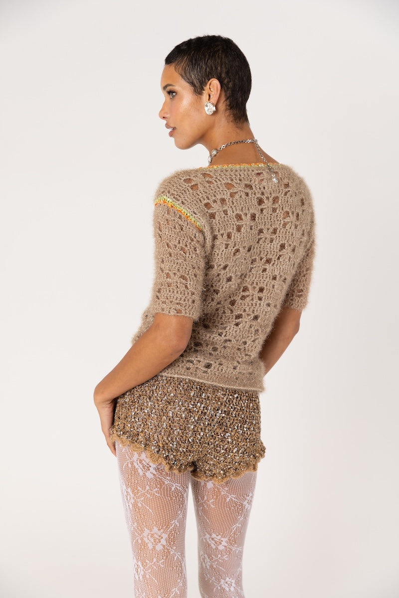 ANDREEVA - Chrysanthemum Handmade Knit Glitter Top in Brown, buy at DOORS NYC