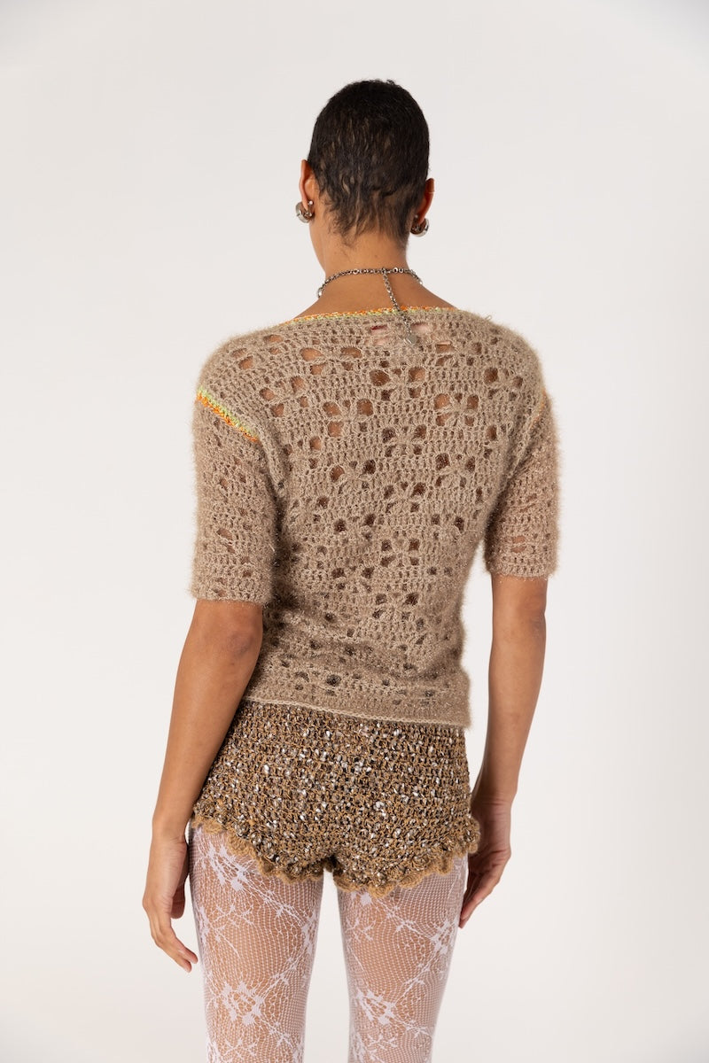 ANDREEVA - Chrysanthemum Handmade Knit Glitter Top in Brown, buy at DOORS NYC