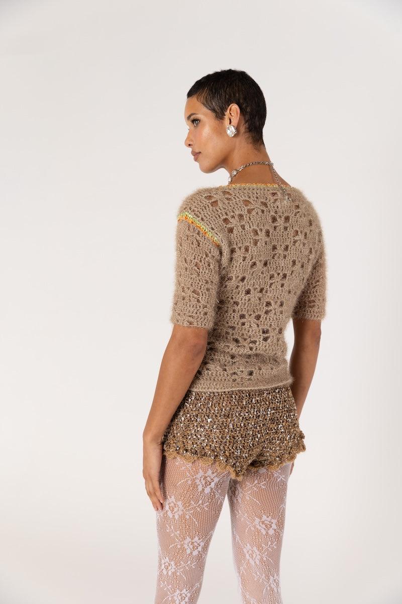 ANDREEVA - Chrysanthemum Handmade Knit Glitter Top in Brown, buy at DOORS NYC