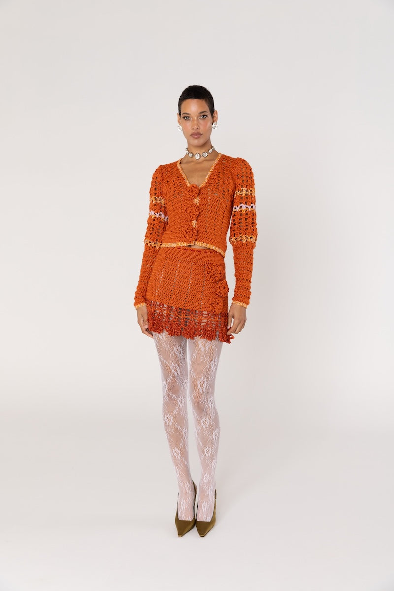 ANDREEVA - Chrysanthemum Terracotta Handmade Crochet Cardigan, buy at DOORS NYC