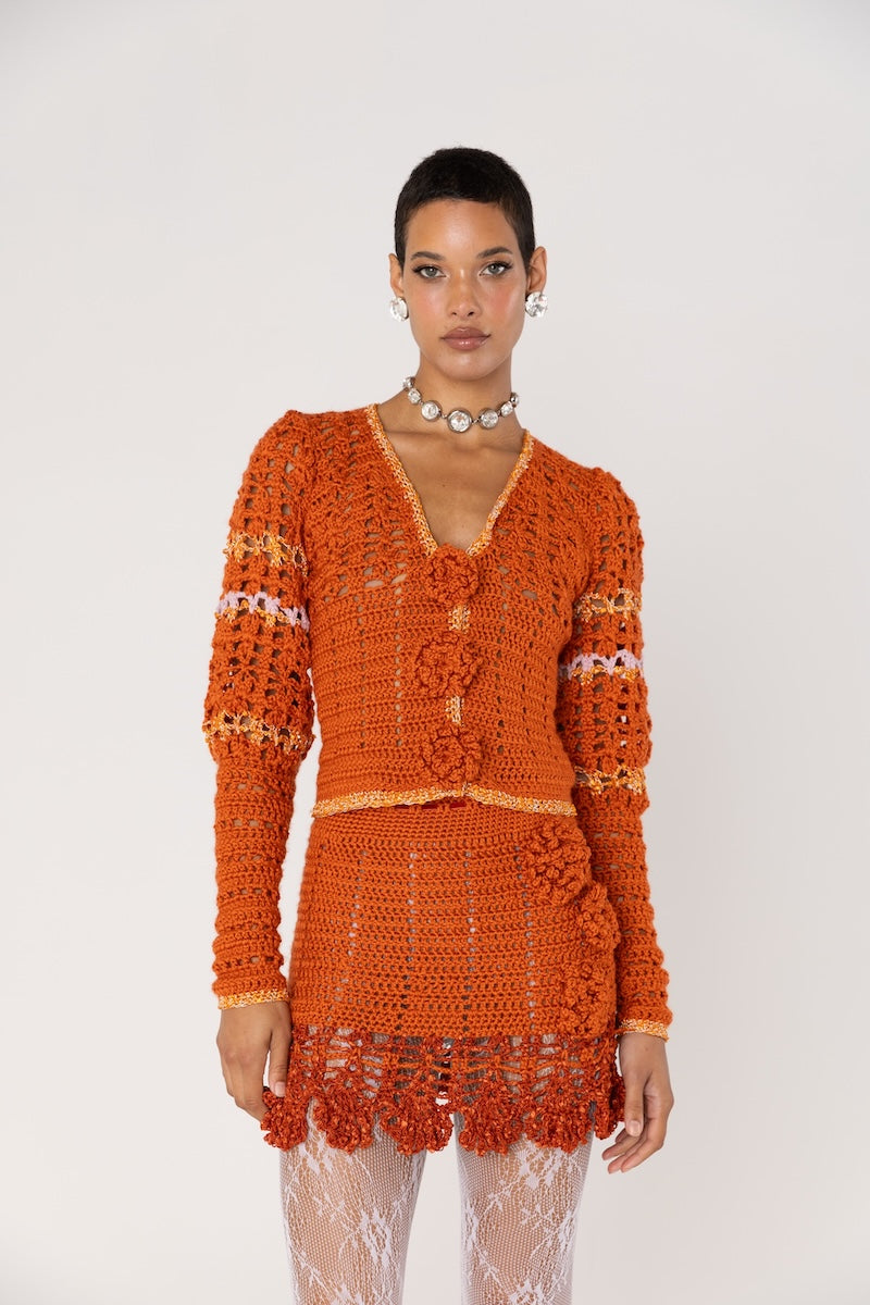 ANDREEVA - Chrysanthemum Terracotta Handmade Crochet Cardigan, buy at DOORS NYC