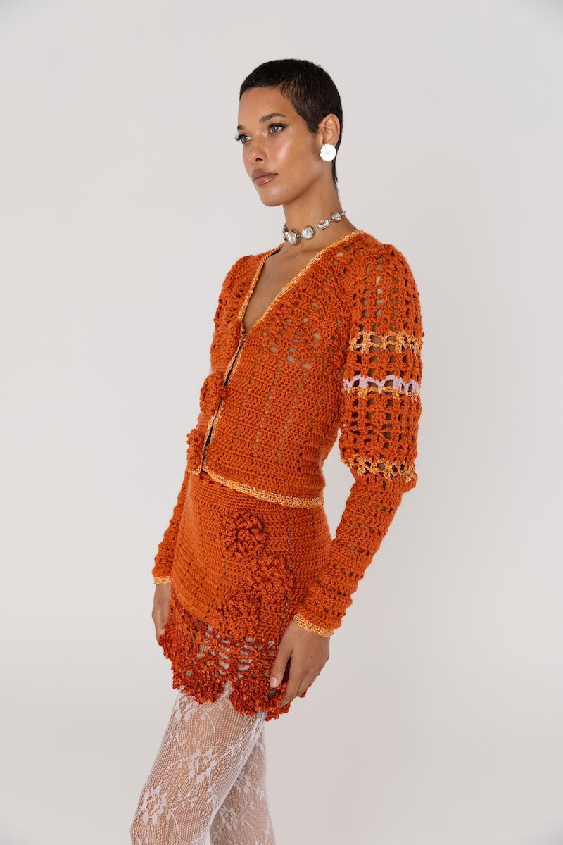 ANDREEVA - Chrysanthemum Terracotta Handmade Crochet Cardigan, buy at DOORS NYC
