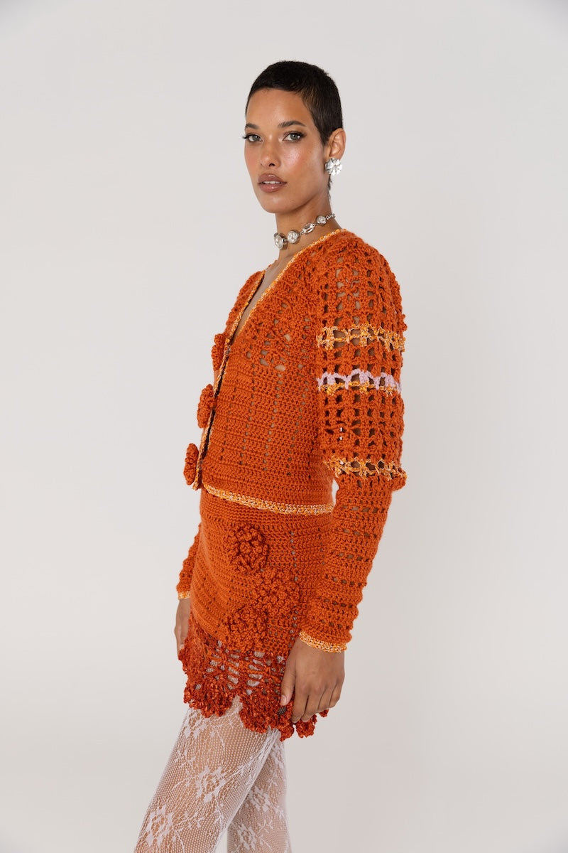 ANDREEVA - Chrysanthemum Terracotta Handmade Crochet Cardigan, buy at DOORS NYC
