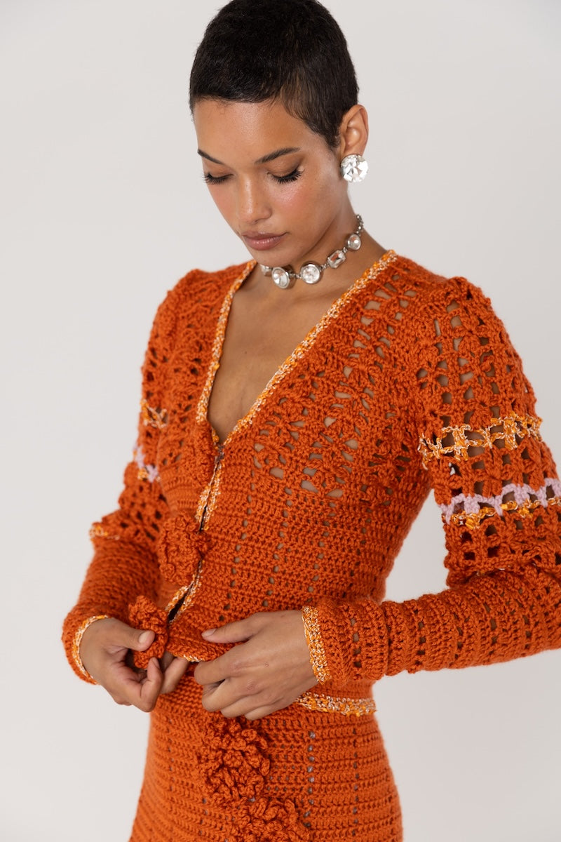 ANDREEVA - Chrysanthemum Terracotta Handmade Crochet Cardigan, buy at DOORS NYC