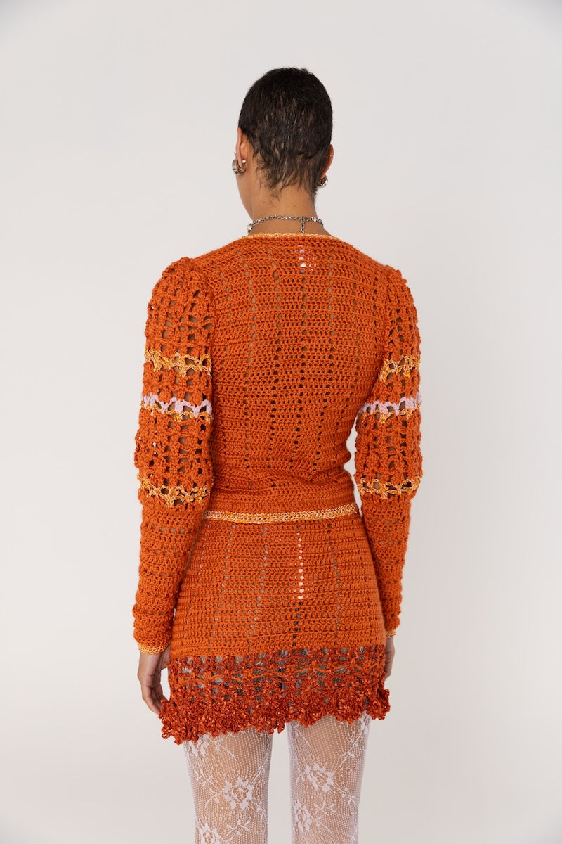 ANDREEVA - Chrysanthemum Terracotta Handmade Crochet Cardigan, buy at DOORS NYC