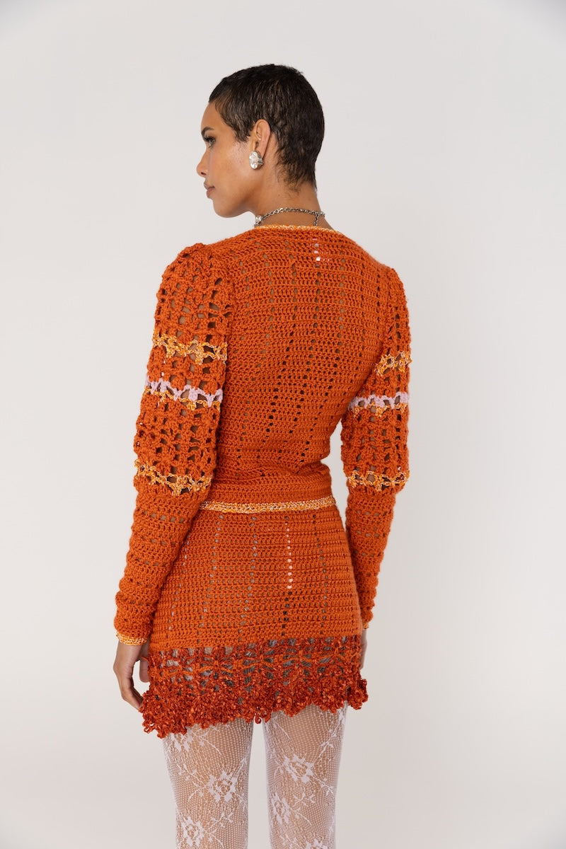 ANDREEVA - Chrysanthemum Terracotta Handmade Crochet Cardigan, buy at DOORS NYC