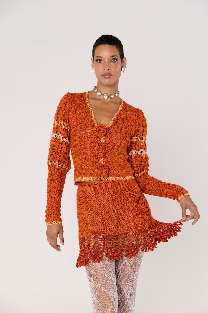 ANDREEVA - Chrysanthemum Terracotta Handmade Crochet Cardigan, buy at DOORS NYC