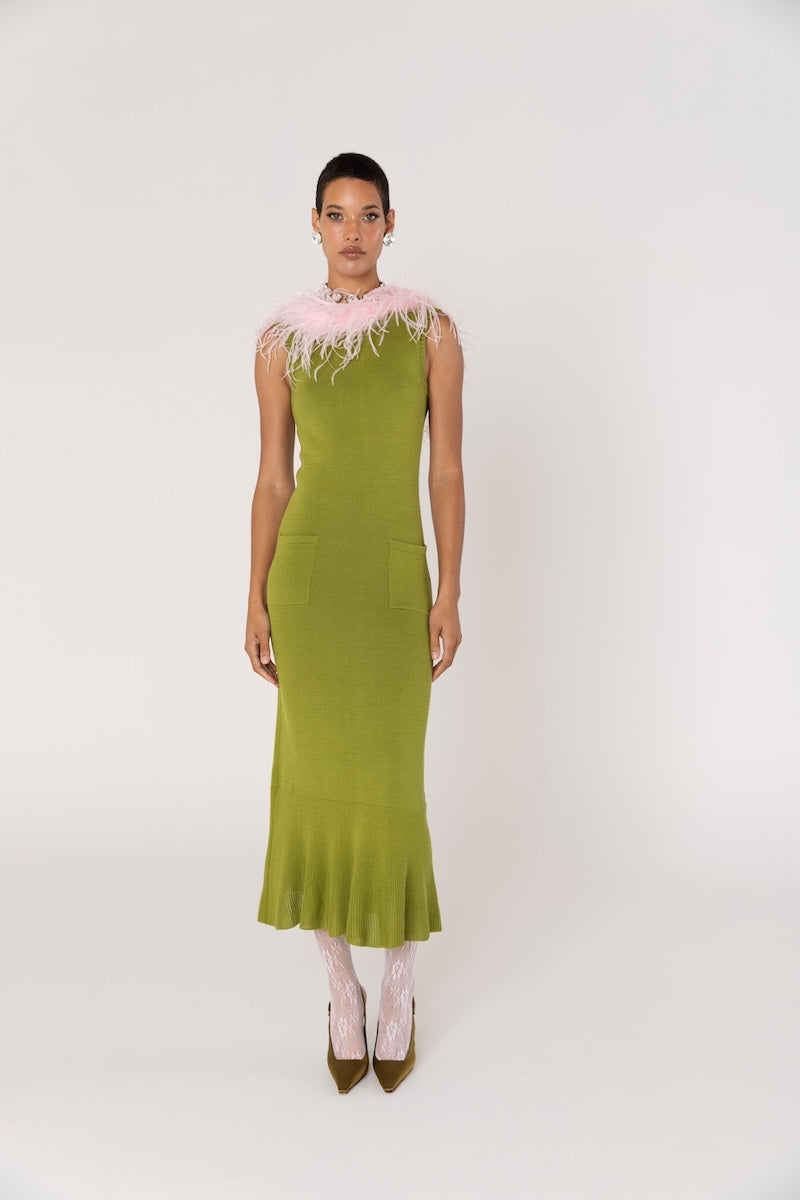 ANDREEVA - Chrysanthemum Green Knit Dress with Pink Ostrich Feathers, buy at DOORS NYC