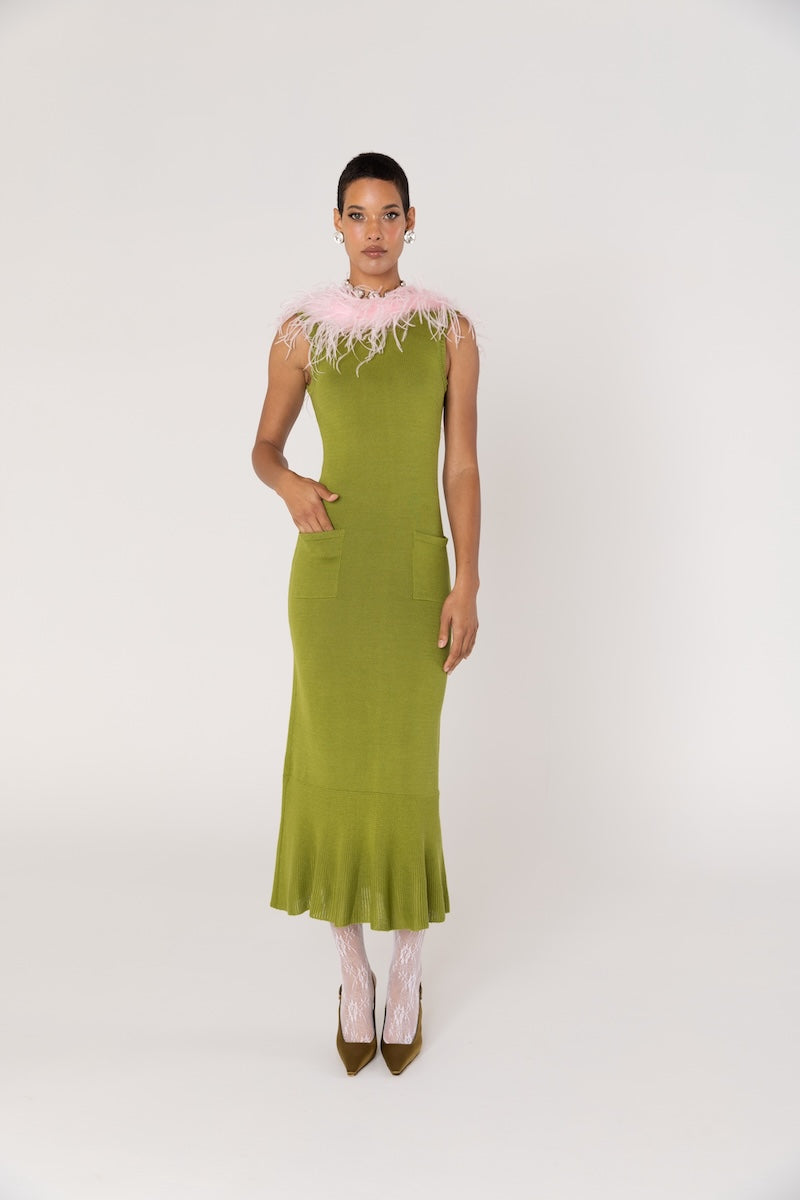 ANDREEVA - Chrysanthemum Green Knit Dress with Pink Ostrich Feathers, buy at DOORS NYC