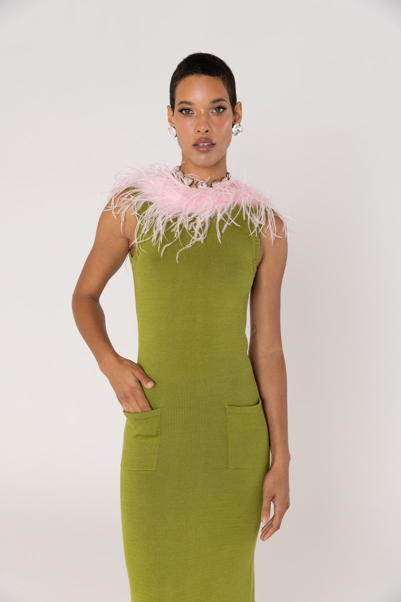 ANDREEVA - Chrysanthemum Green Knit Dress with Pink Ostrich Feathers, buy at DOORS NYC
