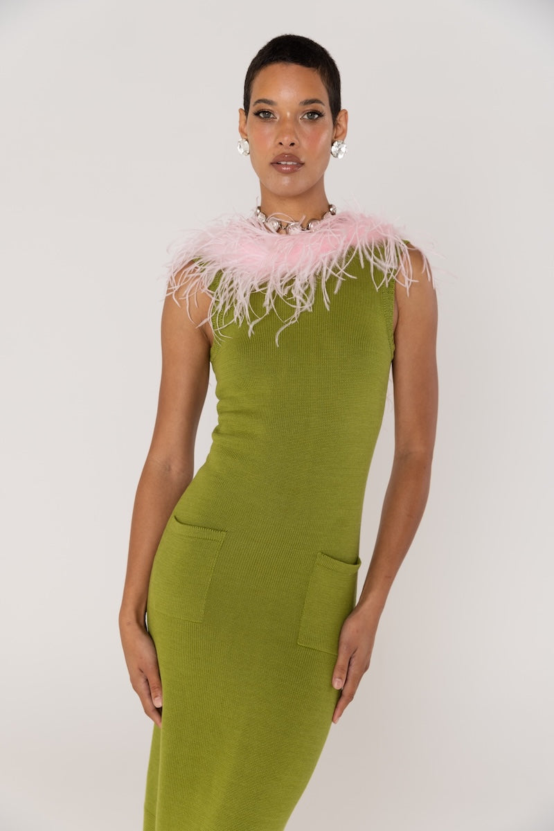 ANDREEVA - Chrysanthemum Green Knit Dress with Pink Ostrich Feathers, buy at DOORS NYC
