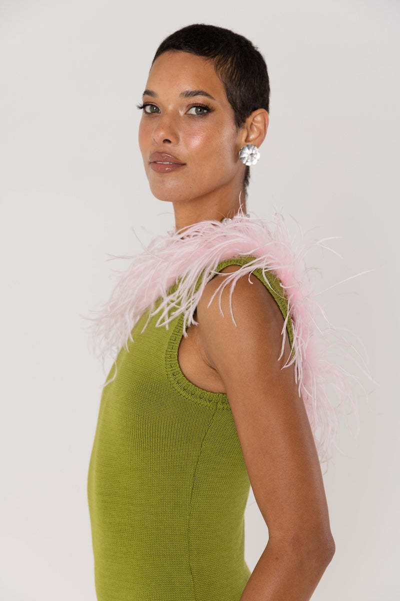 ANDREEVA - Chrysanthemum Green Knit Dress with Pink Ostrich Feathers, buy at DOORS NYC