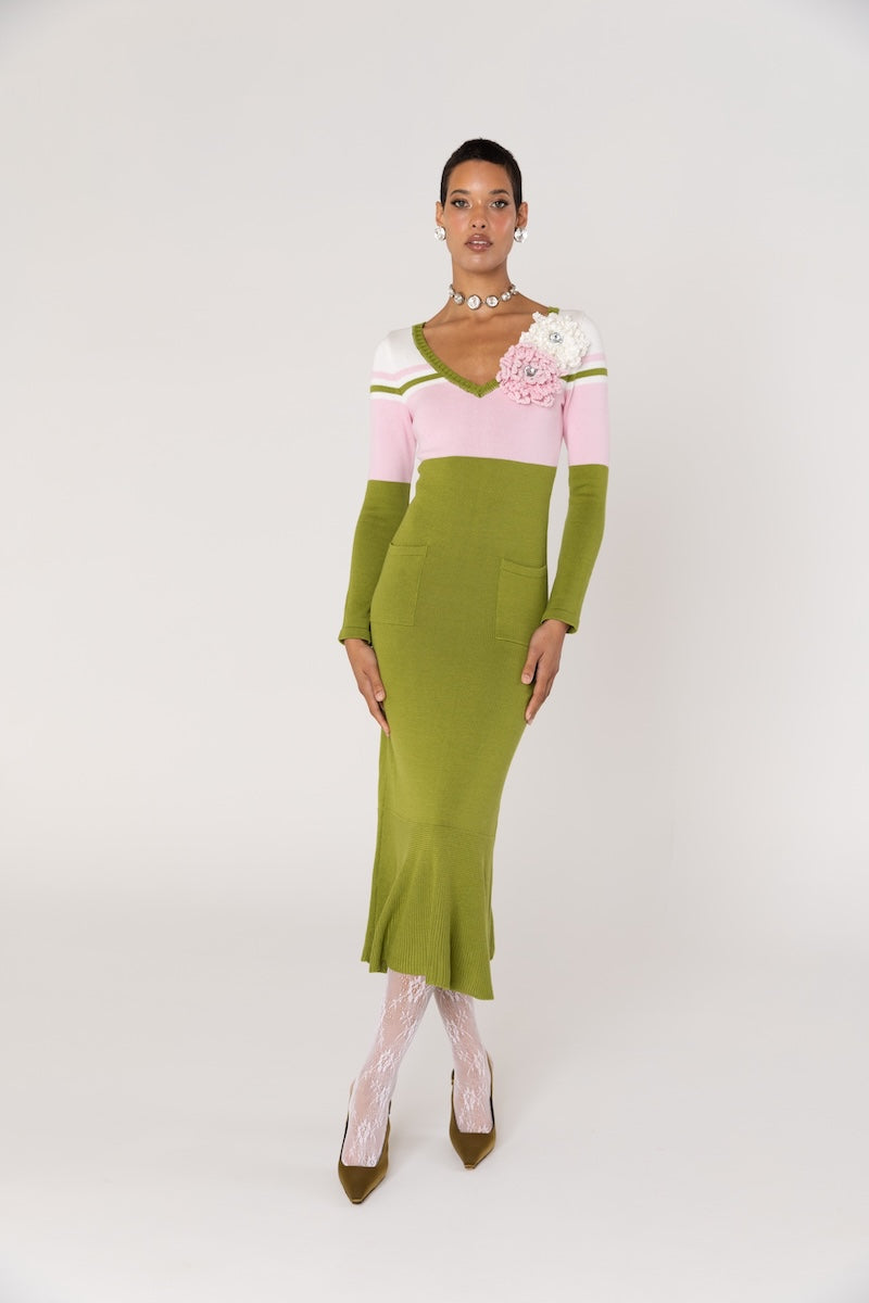 ANDREEVA - Chrysanthemum Green Knit Midi Dress with Swarovski Details, buy at DOORS NYC