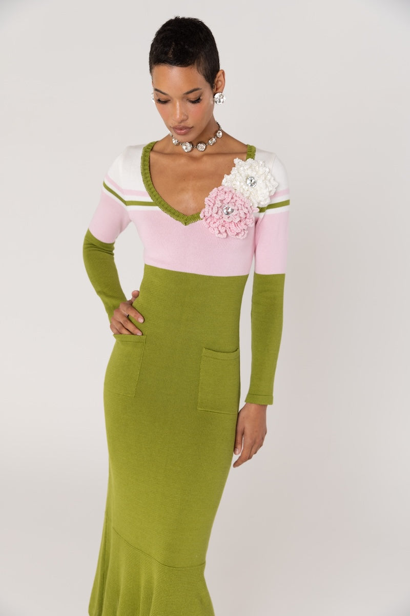 ANDREEVA - Chrysanthemum Green Knit Midi Dress with Swarovski Details, buy at DOORS NYC