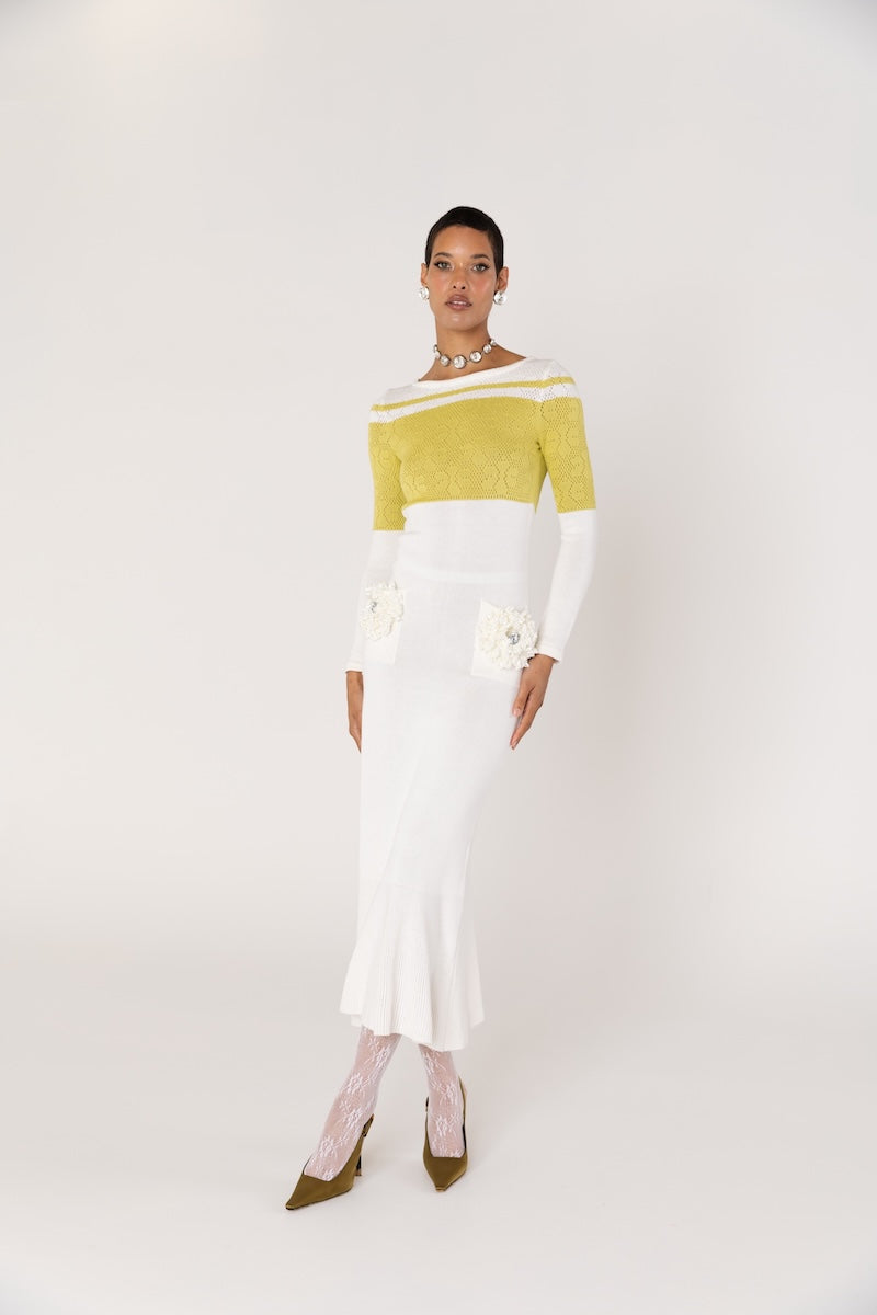 ANDREEVA - Chrysanthemum White Knit Midi Dress with Swarovski Details, buy at DOORS NYC