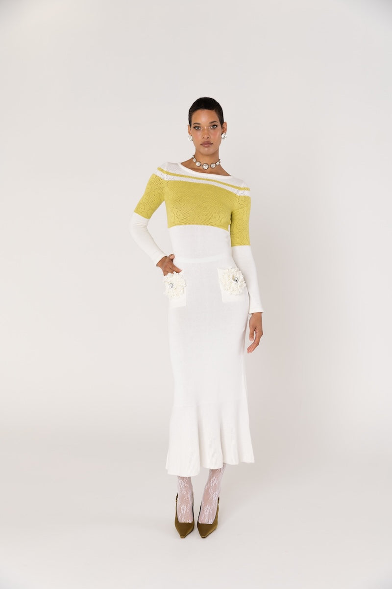 ANDREEVA - Chrysanthemum White Knit Midi Dress with Swarovski Details, buy at DOORS NYC