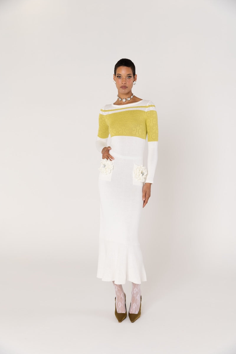 ANDREEVA - Chrysanthemum White Knit Midi Dress with Swarovski Details, buy at DOORS NYC