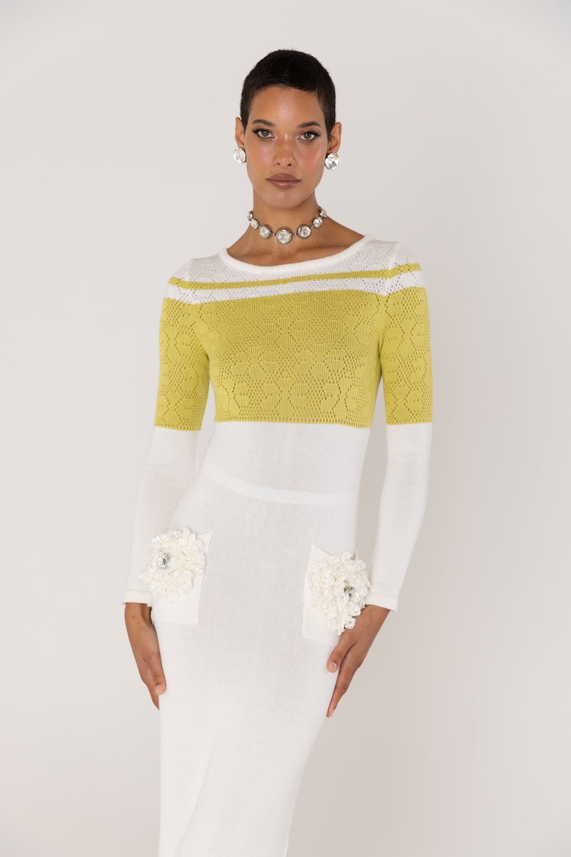 ANDREEVA - Chrysanthemum White Knit Midi Dress with Swarovski Details, buy at DOORS NYC
