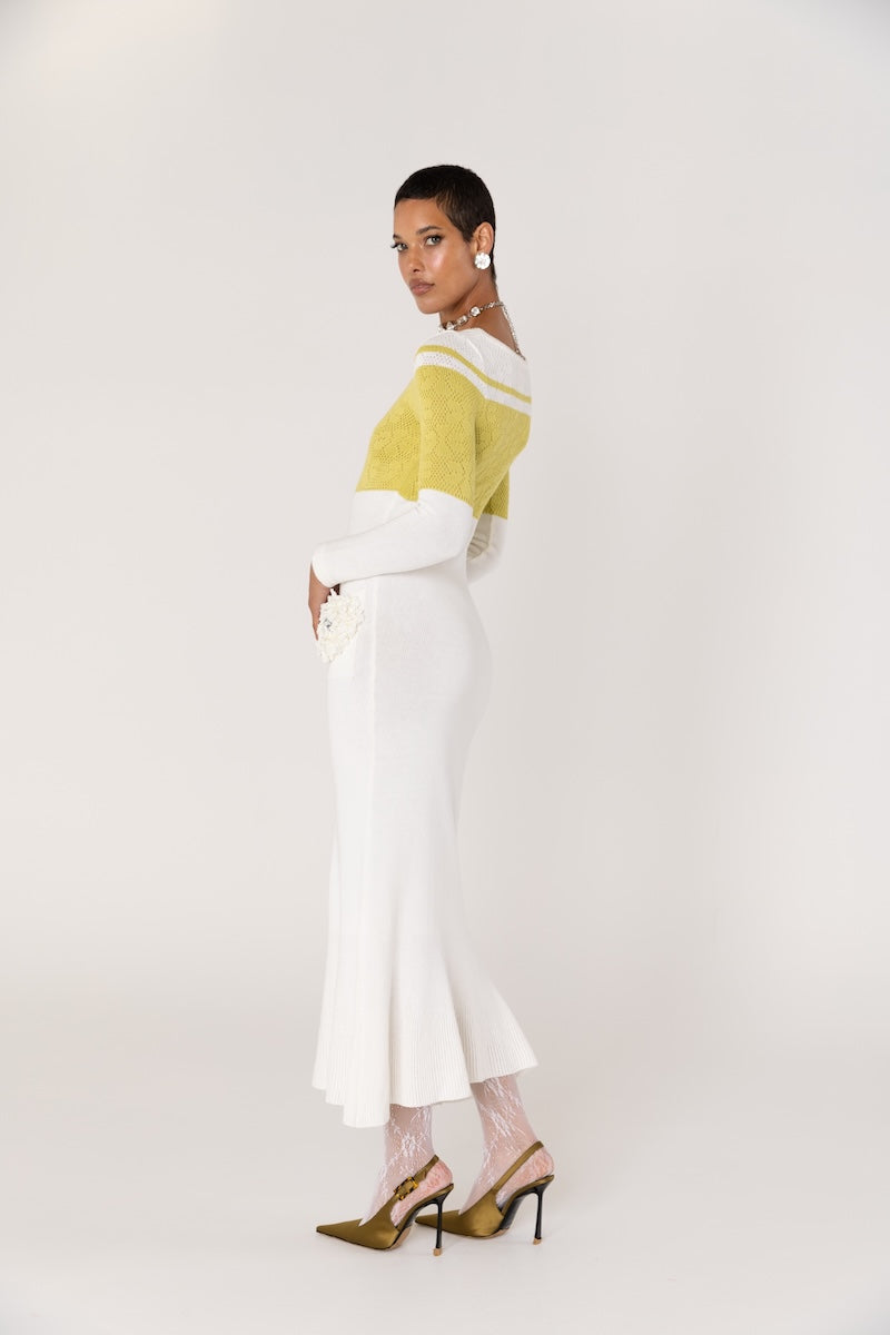 ANDREEVA - Chrysanthemum White Knit Midi Dress with Swarovski Details, buy at DOORS NYC