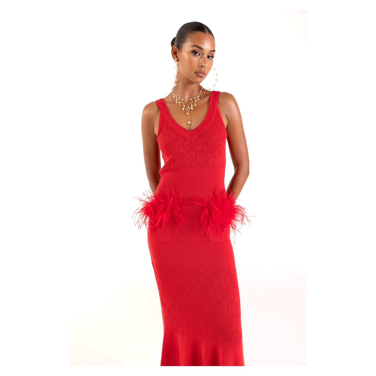 ANDREEVA - Cherry Knit Dress With Feather Details