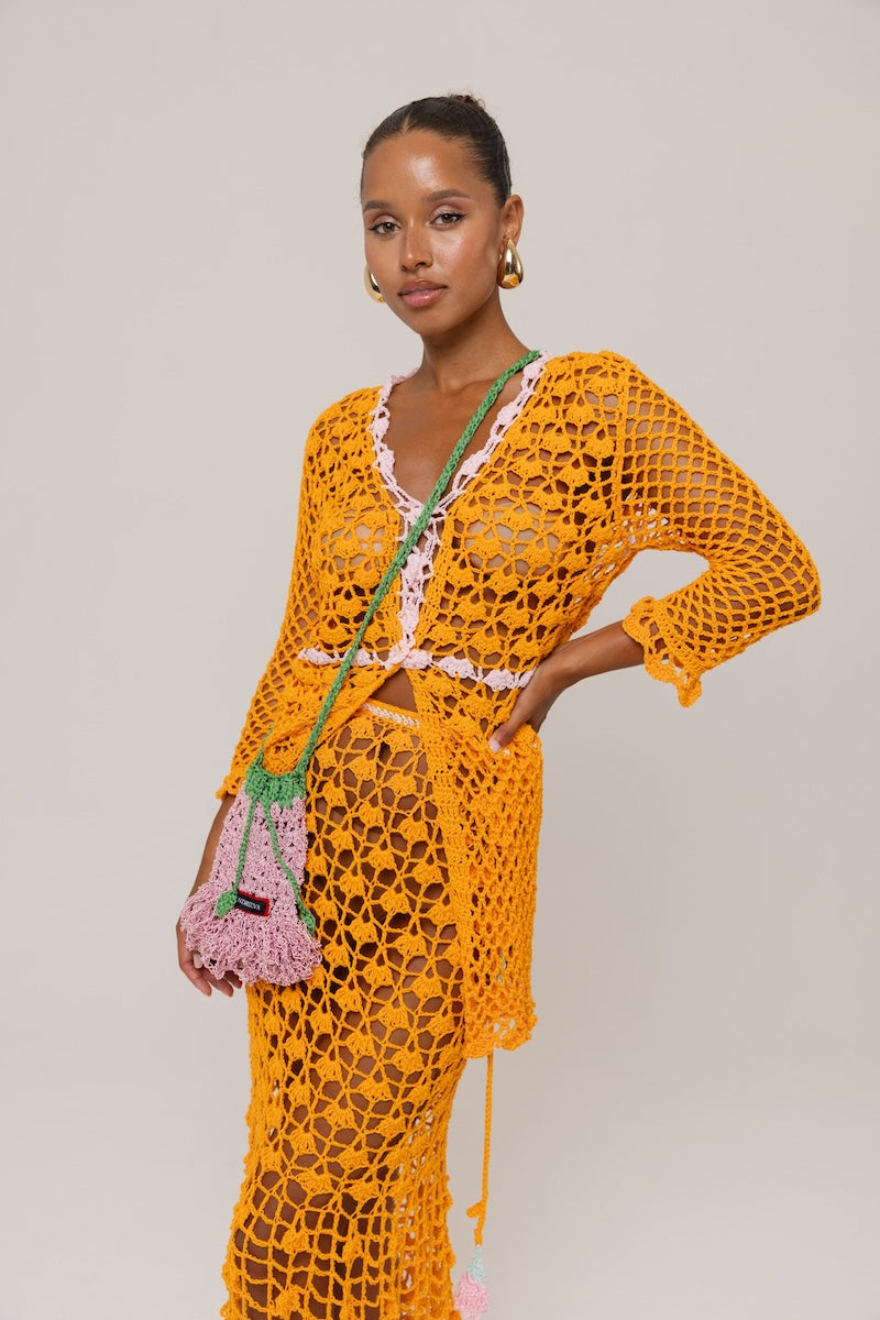 ANDREEVA - California Poppy Orange Handmade Crochet Midi Skirt, buy at DOORS NYC